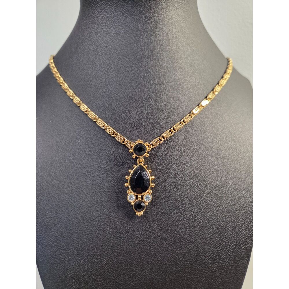1928 Byzantine Gold Chain Black and Rhinestone Pendant